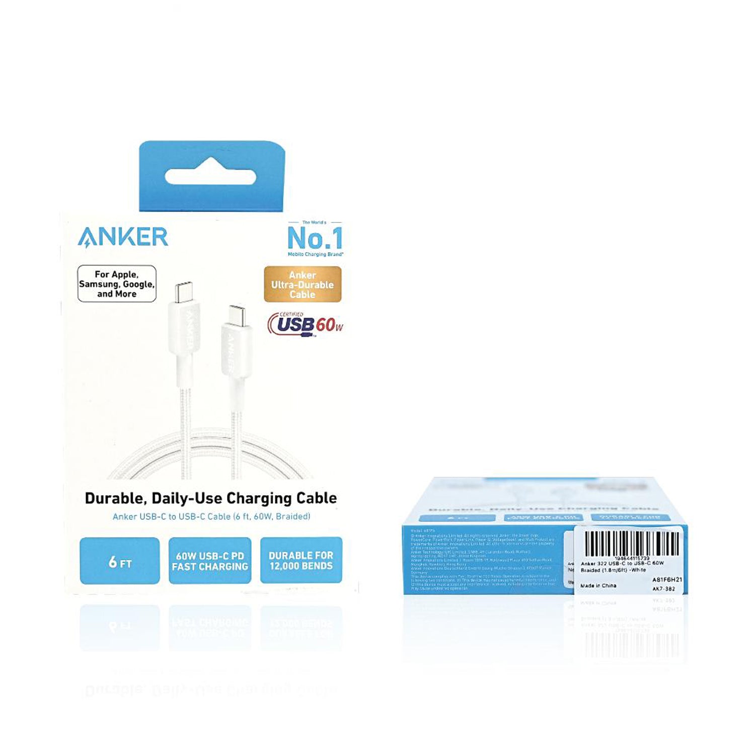 ANKER 322 USB C-USB C 1.8 Metre Braided Cable - White