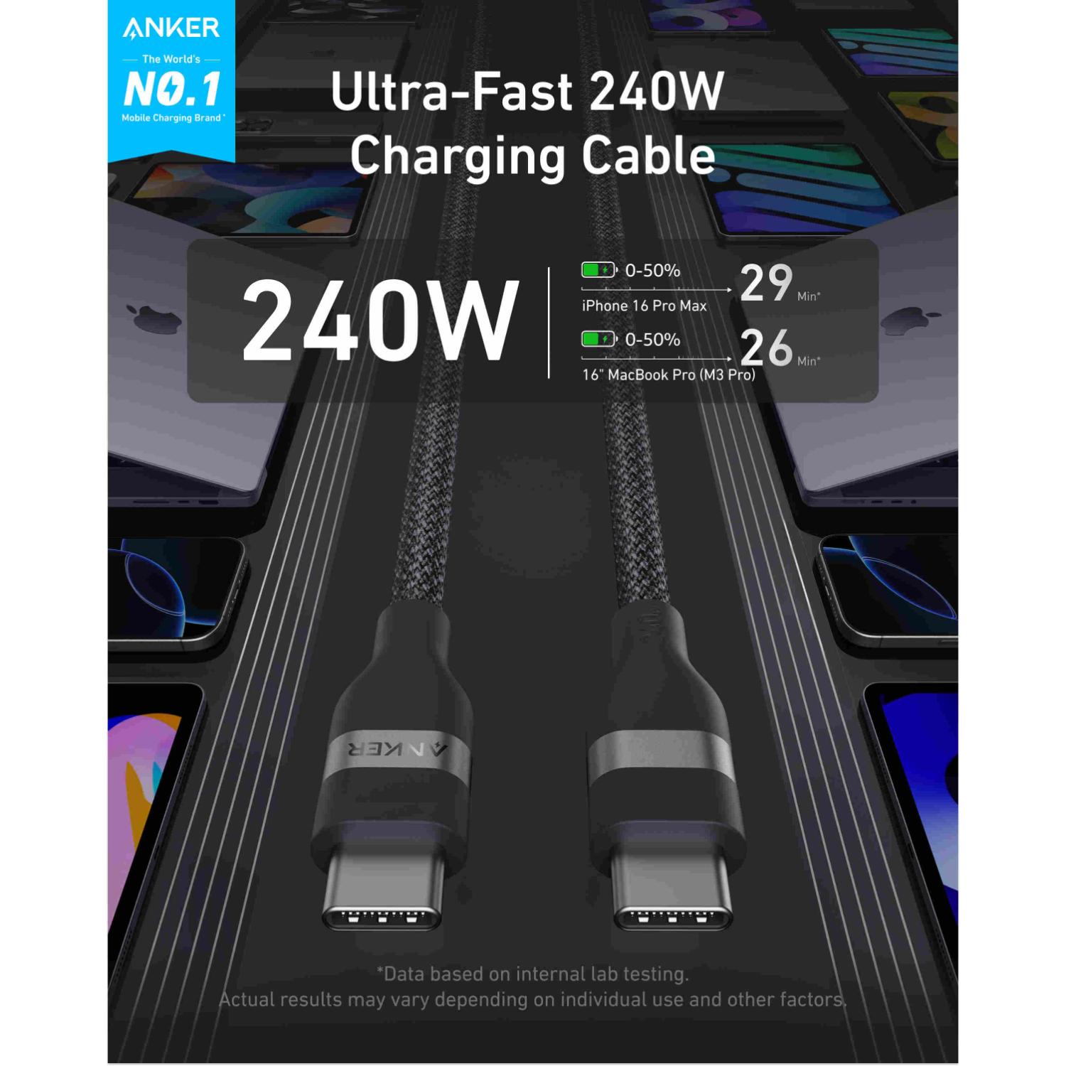 Anker USB C-USB C 1.8 Metre Fast Charging 240W Braided Cable - Black