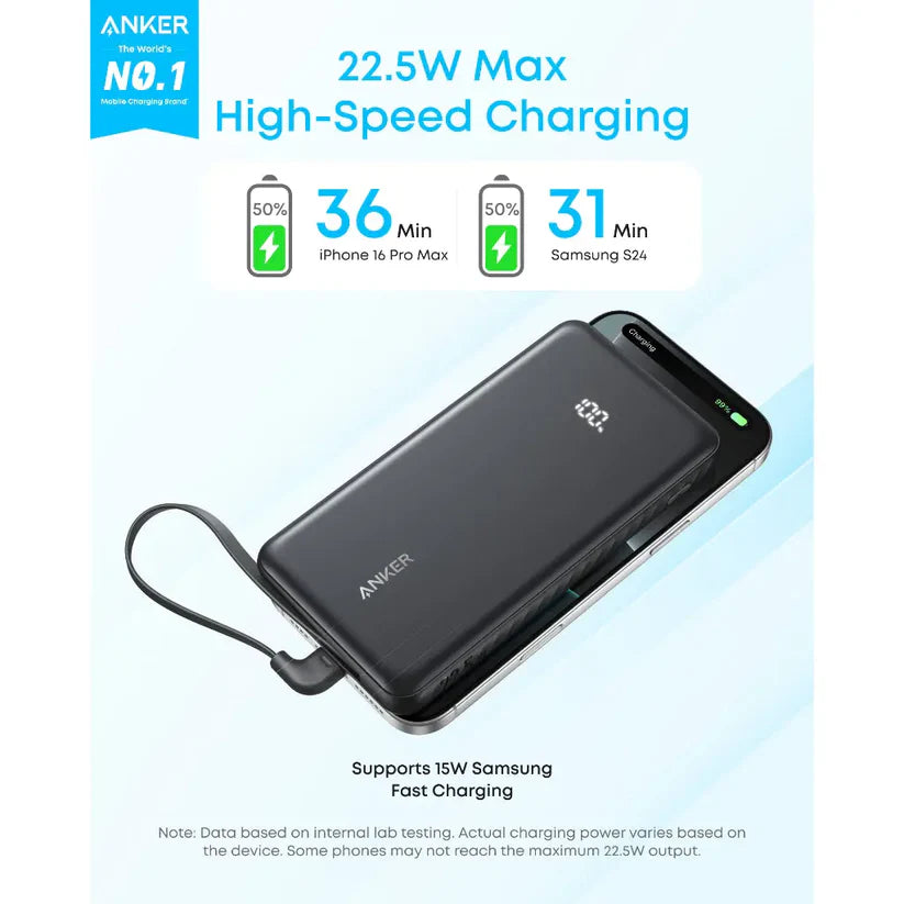Anker Zolo Power Bank 10000mAh 22.5W With Built-In USB-C Cable - Black